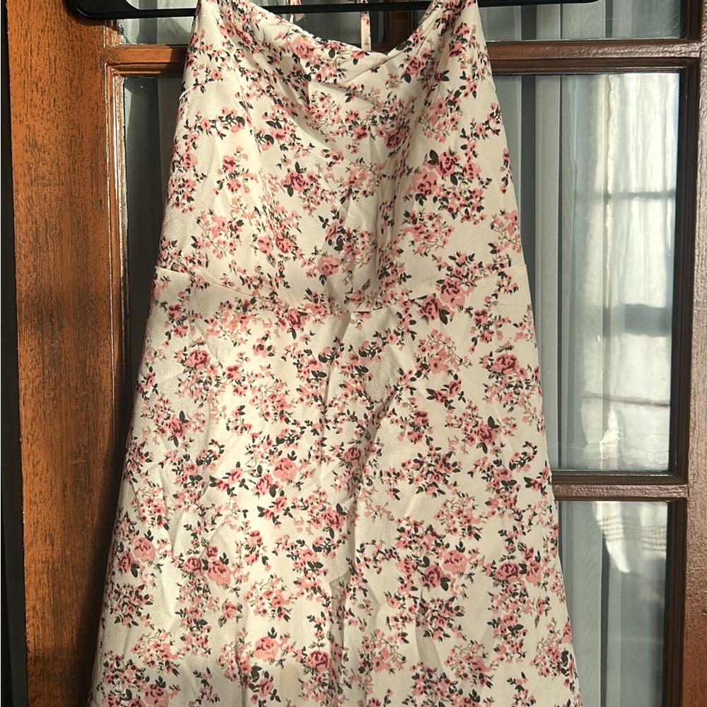 SHEIN Cream Floral Mini Dress with Pink Rose Print